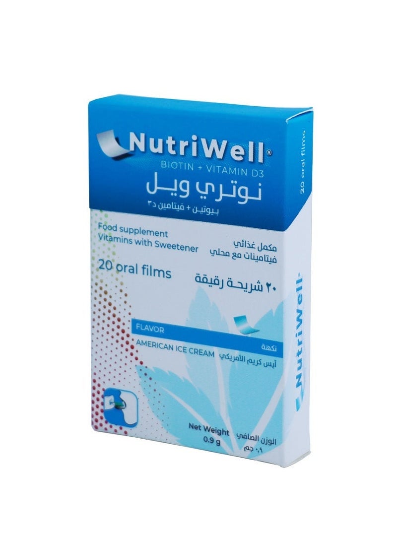 نوتري ويل بيوتين + فيتامين د3 -  شريحة مبتكرة سريعة الامتصاص تذوب على اللسان تجمع البيوتين مع حمض الفوليك وفيتامين د3 - لدعم صحة الشعر والبشرة والأظافر - نكهة الآيس كريم الأمريكية - Image 1